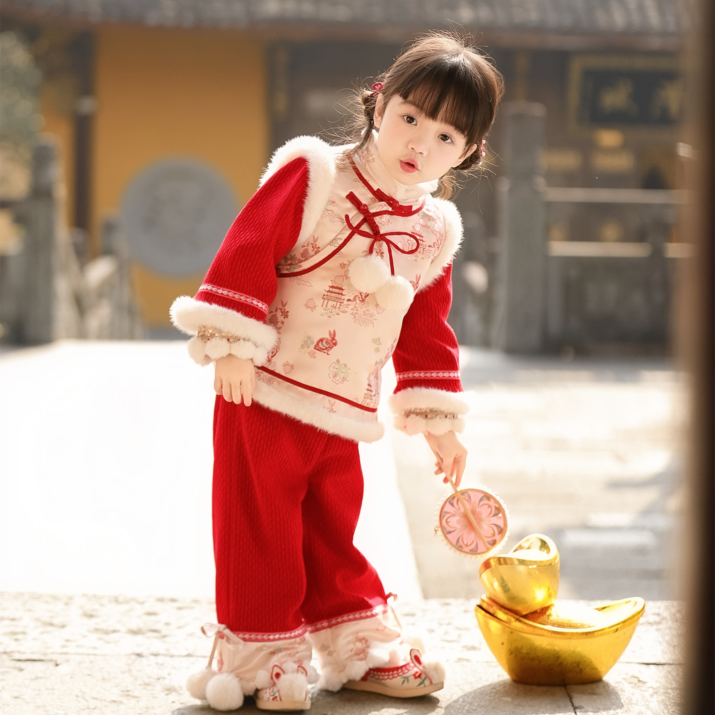 汉服女童2025冬款儿童新中式国风仙气红色加绒裤子喜庆拜年服套装,淘宝优惠券,粉丝福利购,淘宝优惠卷