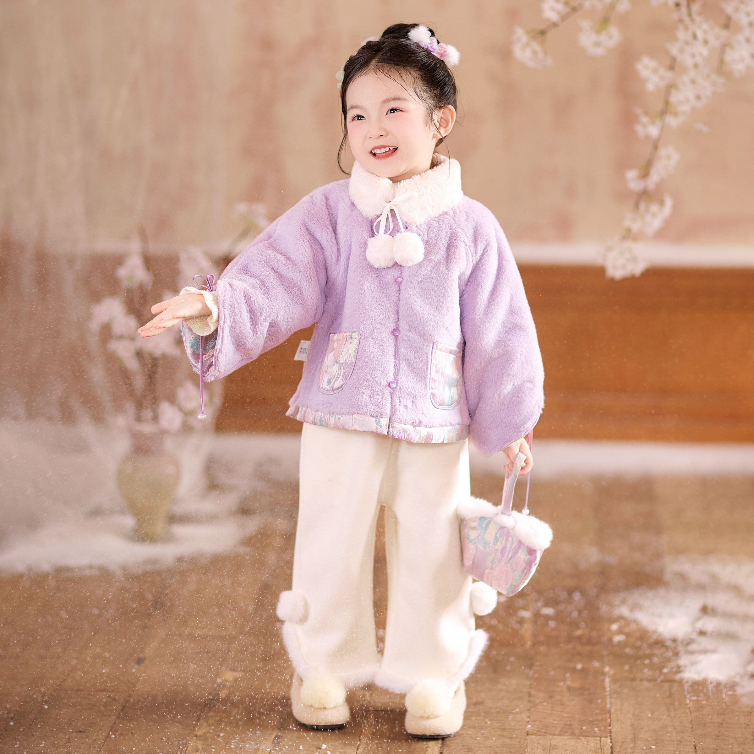 汉服女童2025秋冬儿童新中式国风仙气两面穿加厚短款外套裤子套装,淘宝优惠券,粉丝福利购,淘宝优惠卷