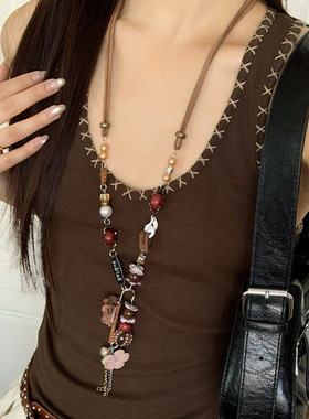 新中式民族风花朵吊坠项链女异域小众高级感配裙子长款毛衣链装饰