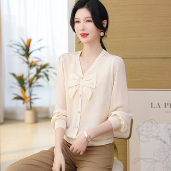 ເສື້ອຍືດແຂນຍາວ chiffon ພາກຮຽນ spring ໃໝ່ 2024 knitted top ice silk t-shirt for women