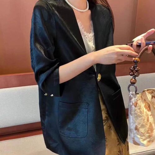 高档气质西装外套女七分袖2026春夏季薄款新中式缎面小个子西服女 - 图1