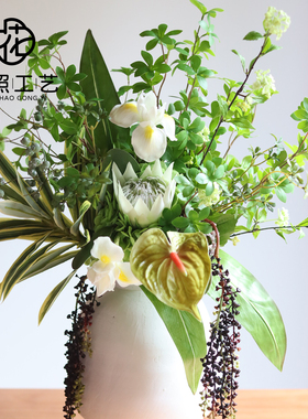 绿色系仿真花束成品餐厅门店手感保湿陈列花艺岛台高级感假花摆件