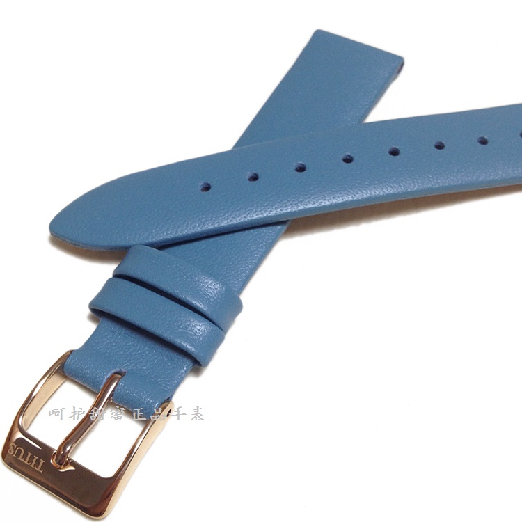 铁达时TITUS表带蓝色无纹理真牛皮女款手表皮带16mm宽表链玫瑰金 - 图0