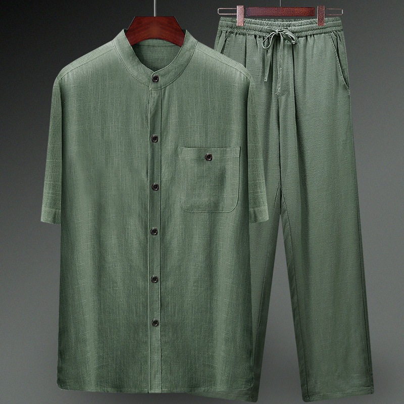 高版父亲节爸爸夏装中年男短袖T恤套装夏季纯色中老年男装亚麻唐,淘宝优惠券,粉丝福利购,淘宝优惠卷