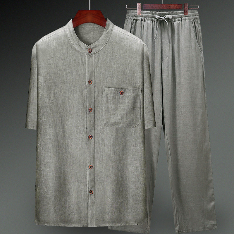 高版父亲节爸爸夏装中年男短袖T恤套装夏季纯色中老年男装亚麻唐,淘宝优惠券,粉丝福利购,淘宝优惠卷