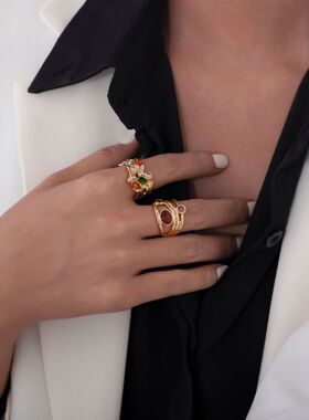 欧美跨境黄铜镀金潮酷个性彩色锆石戒指熔岩玛瑙石镶嵌小众百搭女