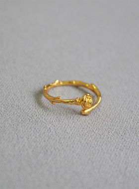 设计时髦潮人个性细巧荆棘玫瑰花朵黄铜镀金戒指开口食指戒女