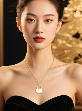 s925纯白贝母包包项链女小众中古风珐琅金福袋吊坠锁骨链