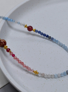 设计师小众文艺国潮渐变水墨画自然石手作串珠长款项链毛衣链