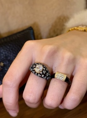 《黑暗法则》vintager中古黑金椭圆闪钻戒指女重工轻奢高级感指环