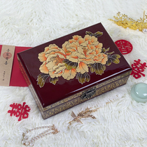 Classical double layer Non-relic jewellery containing box antique dressing case in the national wind hand painted Mudan lacquerware box for the elders