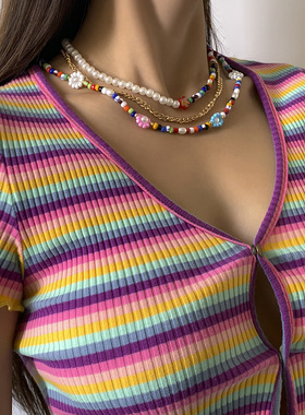 Hot trend千禧辣妹叠戴 y2k小众彩色珍珠串珠花朵链条蝶项链锁女