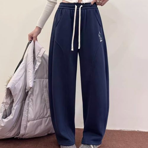 分割线显瘦窄版弯刀裤松紧腰卫裤加绒直筒阔腿裤女冬季宽松运动裤 - 图0