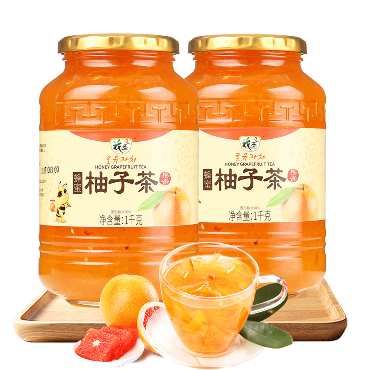 花圣食品旗舰店花圣蜂蜜柚子茶1000g*2瓶水果酱奶茶商用浓缩原料泡水喝饮品批发3