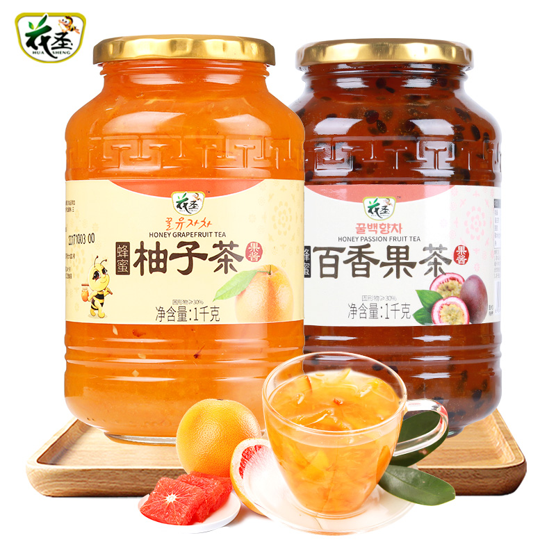 花圣食品旗舰店蜂蜜柚子茶百香果茶果酱1000g*2网红水果酱茶原料冲调泡水喝饮品0