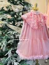 Girls Chinese Wind Dress Autumn Winter Plus Suede Years Wear Christmas Gown Princess Dress Tutu Cloud Shoulder Mesh Yarn Dress