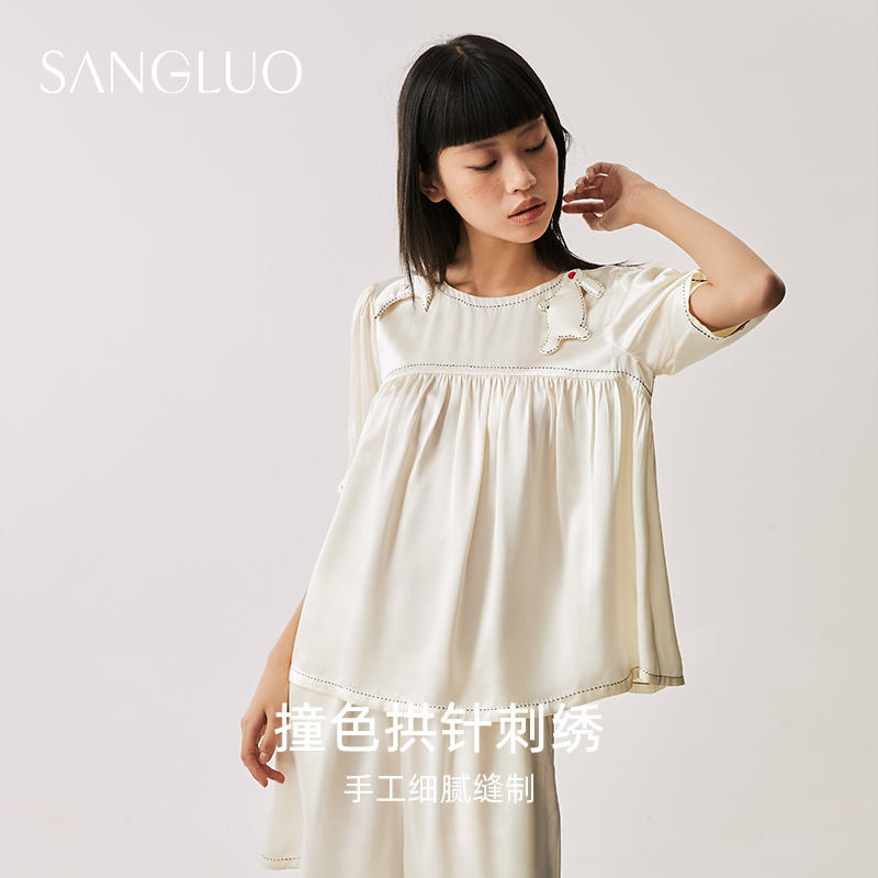 SANGLUO真丝睡衣套装泡泡袖套头娃娃衫撞色刺绣桑蚕丝外穿家居服 - 图3