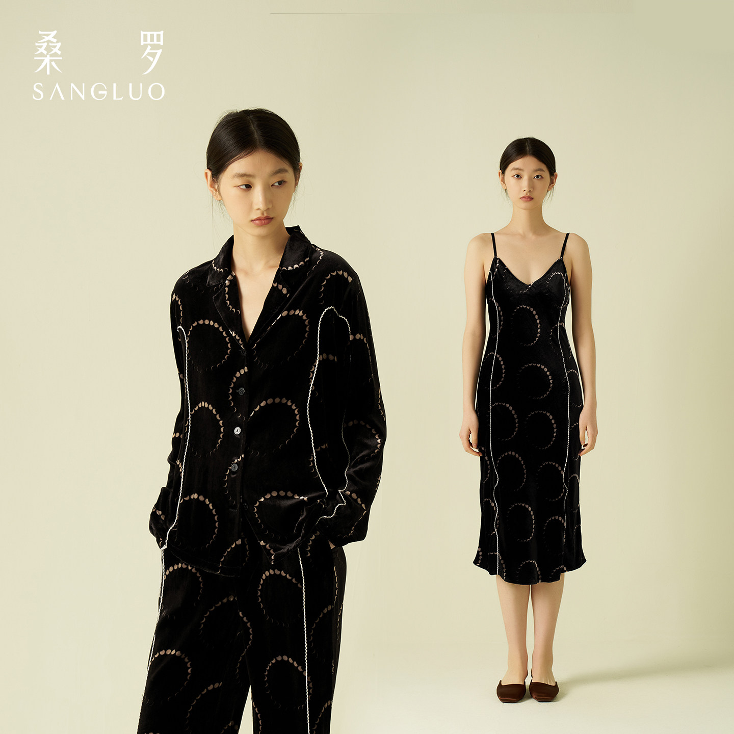 月亮印花』桑罗桑蚕丝绒长袖睡衣套装长袖女款家居服秋冬可外穿 - 图3