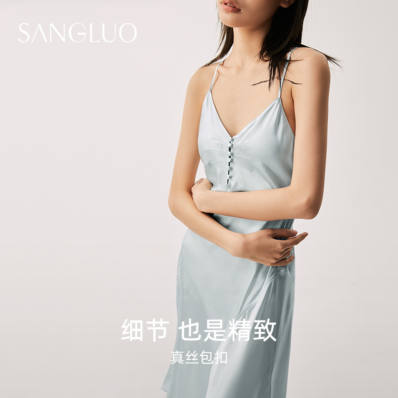 SANGLUO真丝吊带睡裙修身轻法式性感不规则分割下摆100桑蚕丝睡衣