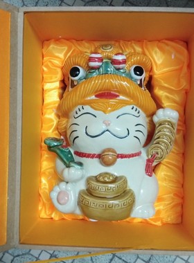 创意醒狮猫储钱罐 陶瓷工艺品摆件石湾公仔家居饰品公司前台摆设