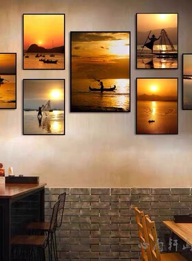 渔民捕鱼装饰画海鲜餐厅海边日落黄昏风景挂画饭店酒楼火锅店壁画