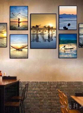 渔民渔夫捕鱼装饰画日落黄昏海边沙滩海鲜餐厅挂画饭店丰收壁画