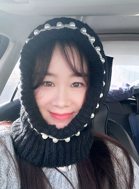 秋冬新款巴拉克拉法帽手工珍珠保暖毛线帽子围脖一体女护耳针织帽