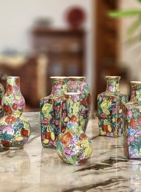 广彩花瓶 70年代潮州出口创汇陶瓷器 手彩小净瓶胆瓶 小白酒杯