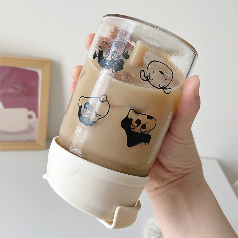 玻璃杯双饮可爱卡通吸管杯便携随行男女学生ins豆浆牛奶咖啡杯子 - 图2