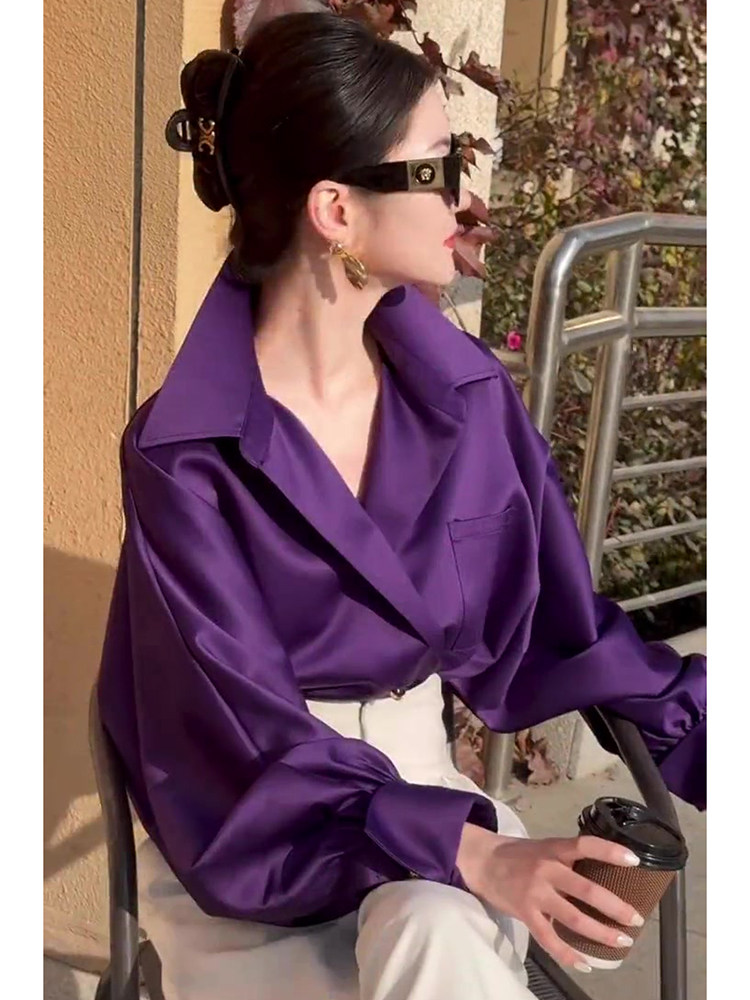 欧货高端时尚缎面紫色灯笼袖上衣衬衫女春季新款时髦气质宽松衬衣,淘宝优惠券,粉丝福利购,淘宝优惠卷