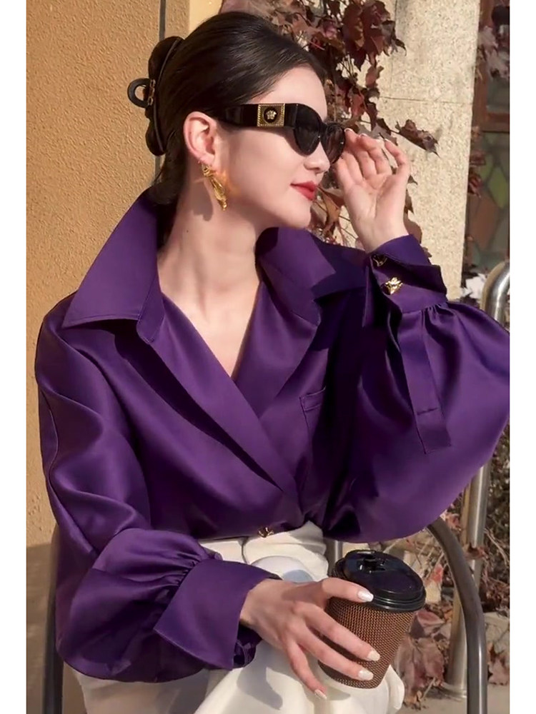 欧货高端时尚缎面紫色灯笼袖上衣衬衫女春季新款时髦气质宽松衬衣,淘宝优惠券,粉丝福利购,淘宝优惠卷