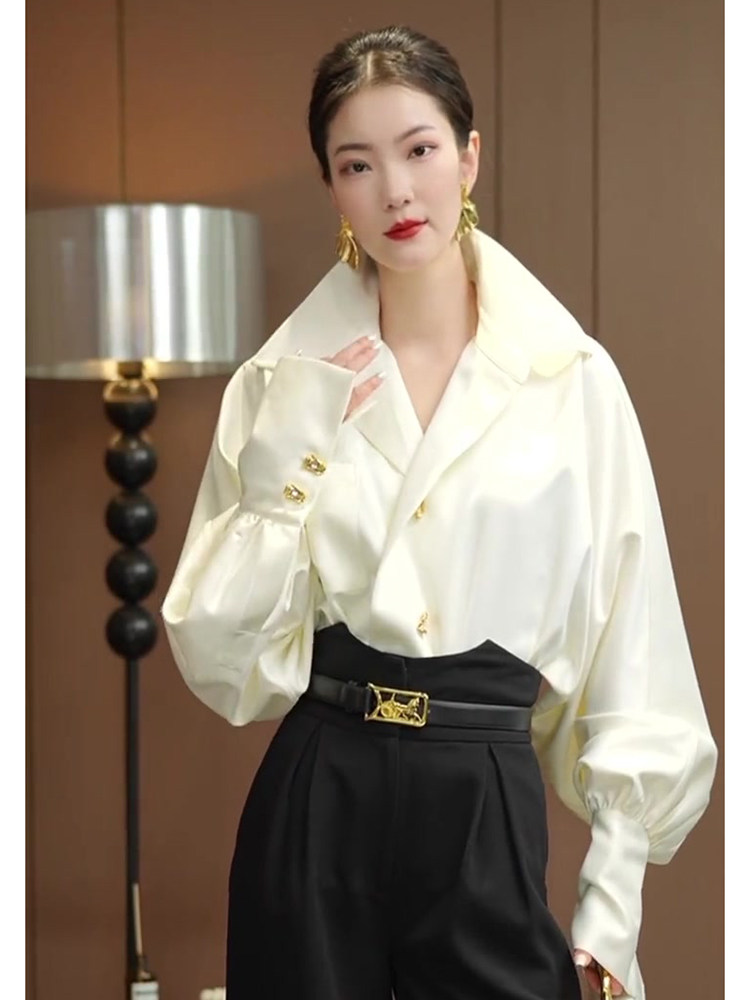 欧货气质高端缎面灯笼袖衬衣女装夏季新款洋气时髦气质上衣衬衫,淘宝优惠券,粉丝福利购,淘宝优惠卷