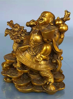 纯铜骑龙龟佛笑佛举元宝佛摆件铜弥勒佛大肚佛工艺品桌面礼品摆件