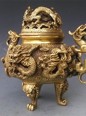 仿古纯铜九龙香炉大清乾隆摆件