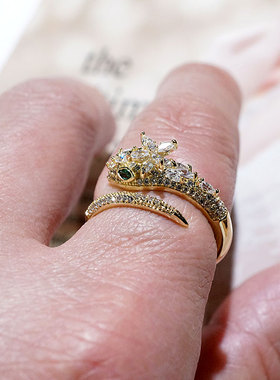 金色蛇头水晶日韩风百搭开口戒指