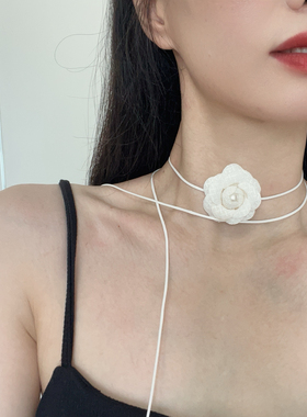 韩国饰品小众设计珍珠锁骨链千金风颈链公主风蓝白色花朵项链腰带