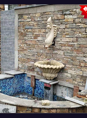 砂岩浮雕喷泉别墅庭院装饰喷口接水盆雕塑金鱼喷水水池摆件壁挂板