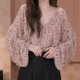 Retro ຂະຫນາດໃຫຍ່ຂະຫນາດ V-neck leopard ພິມ chiffon ເສື້ອຢືດສໍາລັບແມ່ຍິງ 2026 ໃຫມ່ lantern ສັ້ນ sleeve shirt ບາງສ່ວນເທິງປ້ອງກັນແສງແດດ