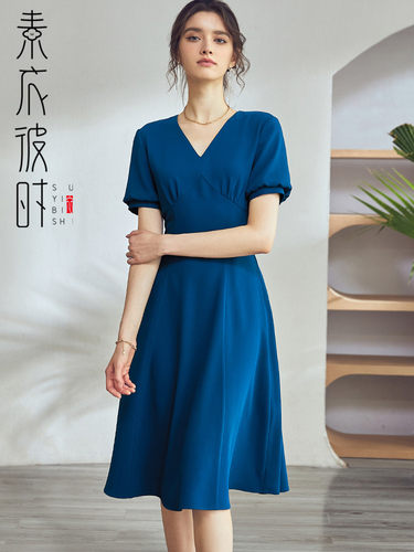 素衣彼时夏女士V领大摆连衣裙服装裁剪图 女灯笼袖中长裙子纸样板 - 图0