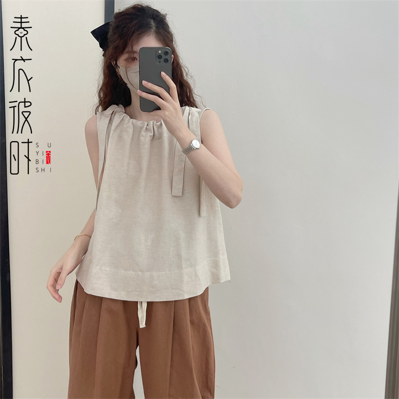 素衣彼时2570夏季女日系吊带棉麻背心服装纸样阔腿九分裤裁剪样板-图2