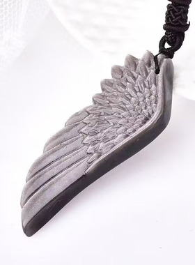 天然银曜石天使翅膀吊坠 银曜石雕刻招财男女款情侣款项链