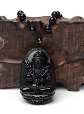 天然黑曜石虚空藏生肖牛吊坠项链