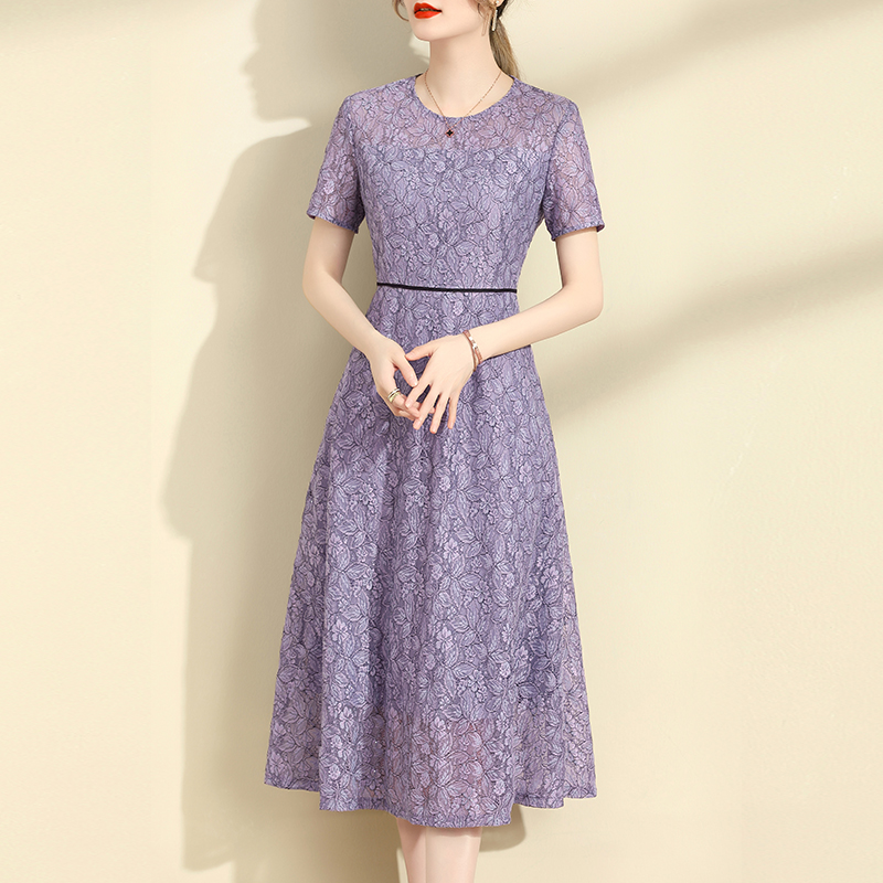 Annally2024春夏新款优雅气质修身打底中长款紫色蕾丝连衣裙夏季