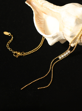 Y形显瘦经典中古爪钻链流苏圆珠长款锁骨链 钛钢镀18K金