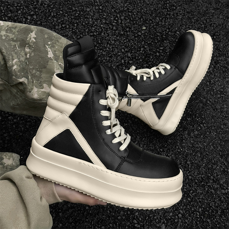 秋冬新款欧美潮流短靴高帮倒三角黑白个性厚底加厚增高男鞋潮 - 图0