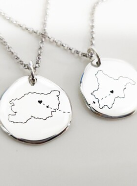 异地恋 地图定制 情侣项链一对刻字图案男女款小众情人节礼物纯银