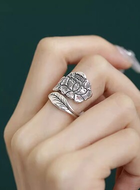 S925银碧玉牡丹花戒指女小众设计复古国风自律尾戒食指戒男士戒指