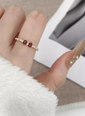 安可拉红锆石蝴蝶结戒指女小众设计显白气质高级感简约食指戒指环