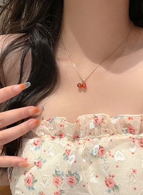 925银红色樱桃石榴石项链女小众设计高级感配饰夏2022年新款吊坠