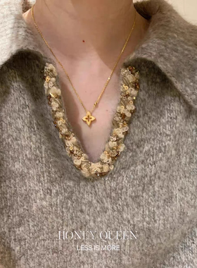 金色拉丝镂空四叶草项链耳环2025年新款精致中古高级感星芒锁骨链